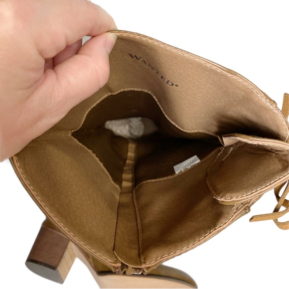 NIB Wanted Brown Heeled Knee Boot Side Zip Laser Cut-out Laced Back Faux Leather - Picture 6 of 10